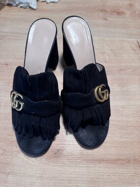 Gucci Black Suede Fringe GG Logo Mules